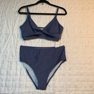 Cupshe sz Large High Waisted Bikini Set Twist Front Blue Two Piece Swimsuit NWT